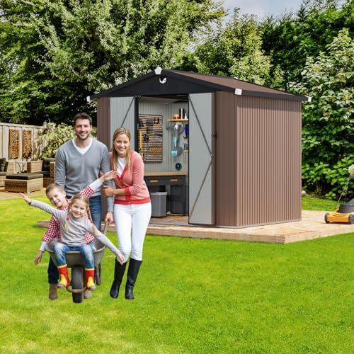 metal storage shed, 8x6 outdoor storage building,large backyard, front angle view