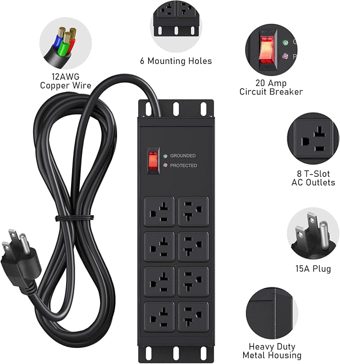 JUNNUJ Heavy Duty 20 Amp Surge Protector 4800J, Garage Metal 8 Outlets 12 Gauge - Image 2