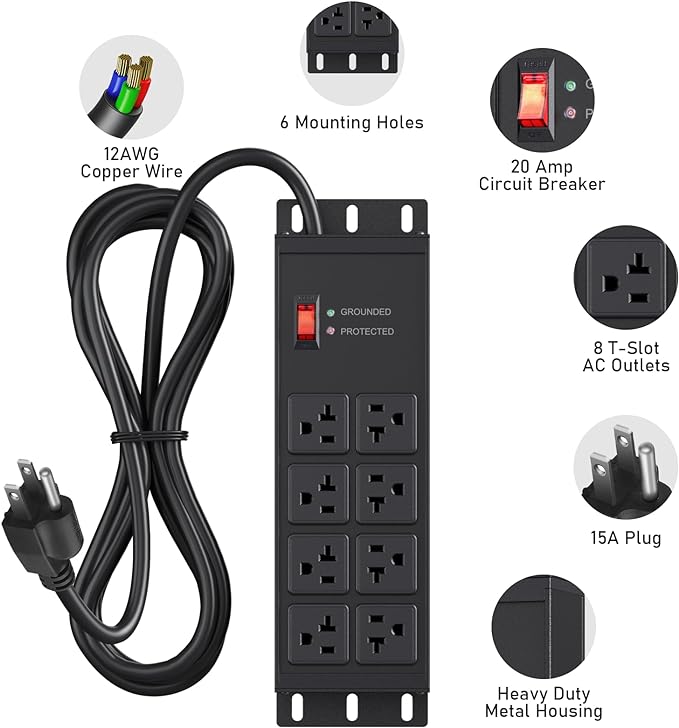 JUNNUJ Heavy Duty 20 Amp Surge Protector 4800J, Garage Metal 8 Outlets 12 Gauge - Image 2
