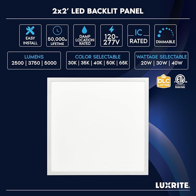 LUXRITE 2x2 FT LED Flat Panel Light, 5CCT Color Selectable 3000K 3500K 4000K - Image 7