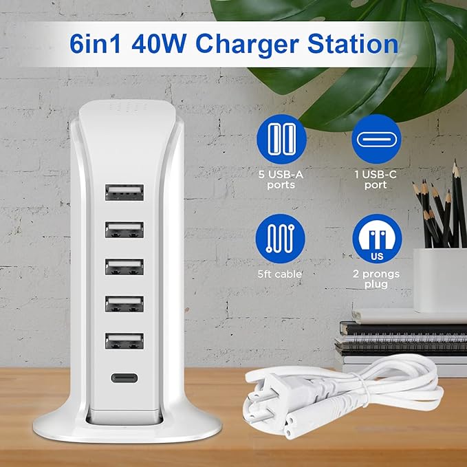 Charging Station for Multiple Devices 40W Upoy, Wall Charger Block 5 USB Ports - Image 4