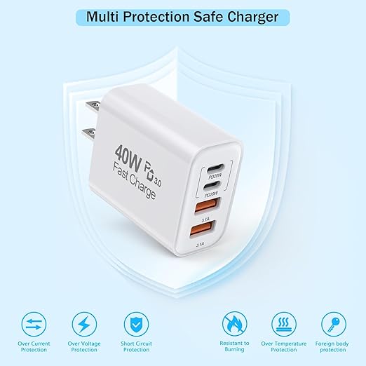 10Foot USB C-C Woven Fast Charging Cable, Apple 40W 4 Port USB C Wall Charger - Image 5