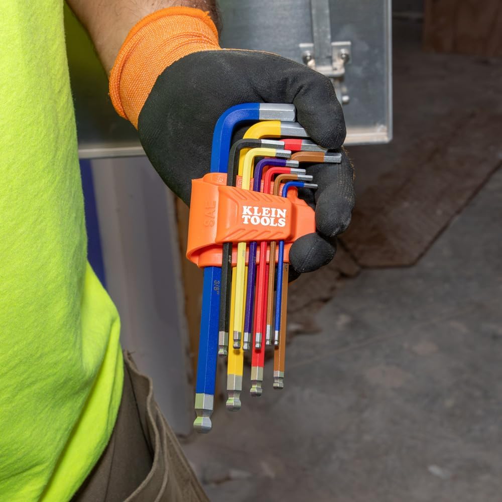 Klein Tools CBLS19 Long Ball-End Hex Key Wrench Set, SAE and Metric, L-Style, Color-Coded Powder-Coat, 3/32 to 3/8-Inch and 1.5 to 10 mm, 19-Piece