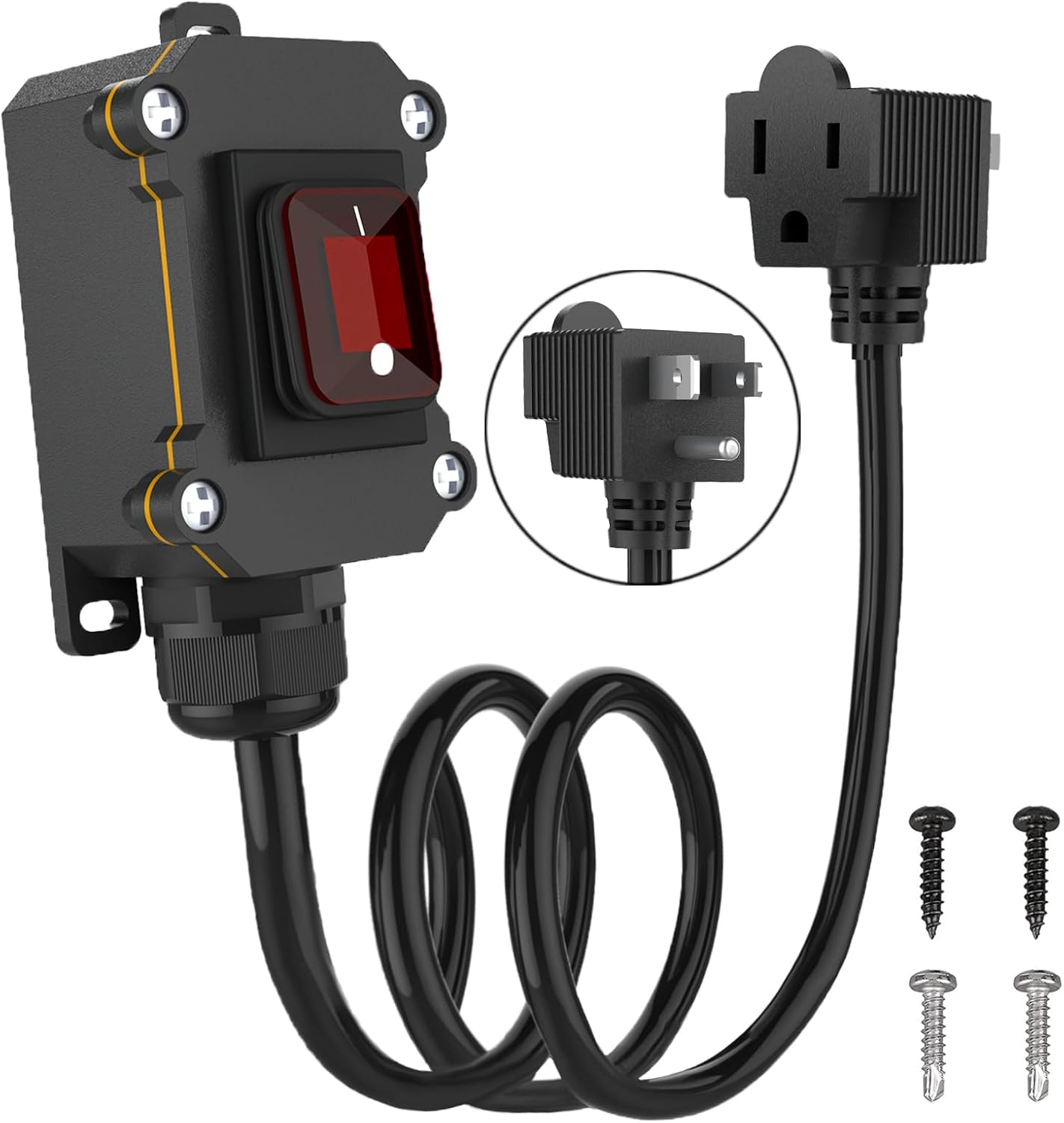 Inline Cord Switch with 6ft 14AWG Cable Piggyback Plug(3-Pronged), IP67 Waterproof Extension Cord with Red LED Rocker Button, AC/DC 20A-125V, 16A-250V Inline Power Switch (6FT)