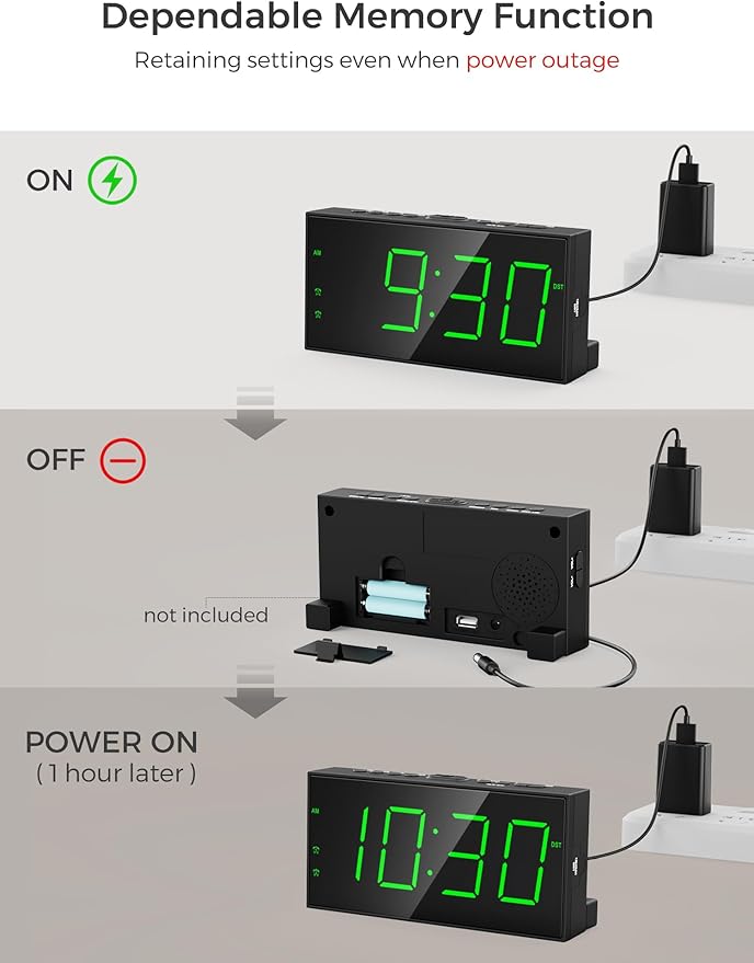 PPLEE Digital Alarm Clock for Bedroom, 2 Alarms Large Big Numbers Display - Image 6