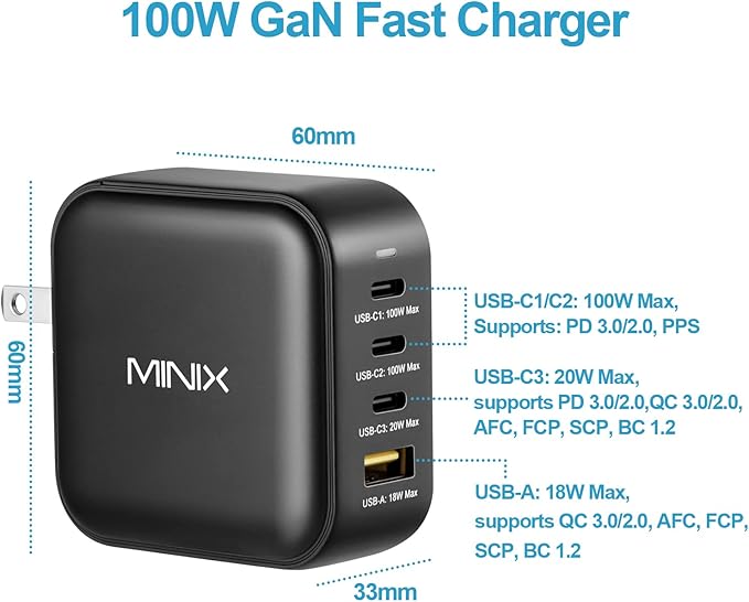 MINIX NEO P3 100W Turbo 4-Port GaN Wall Charger, 3 x USB C port Fast Charging - Image 2