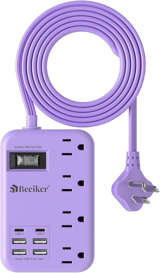 6 USB Purple Travel Power Strip- 5Ft Lavender Extension Cord by Beeiker-BetterHelperforYou