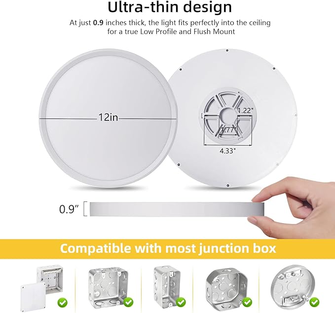RLEDPZTX 4PK 12 Inch LED Flush Mount Ceiling Light, 3000K/4000K/6000K CCT - Image 3