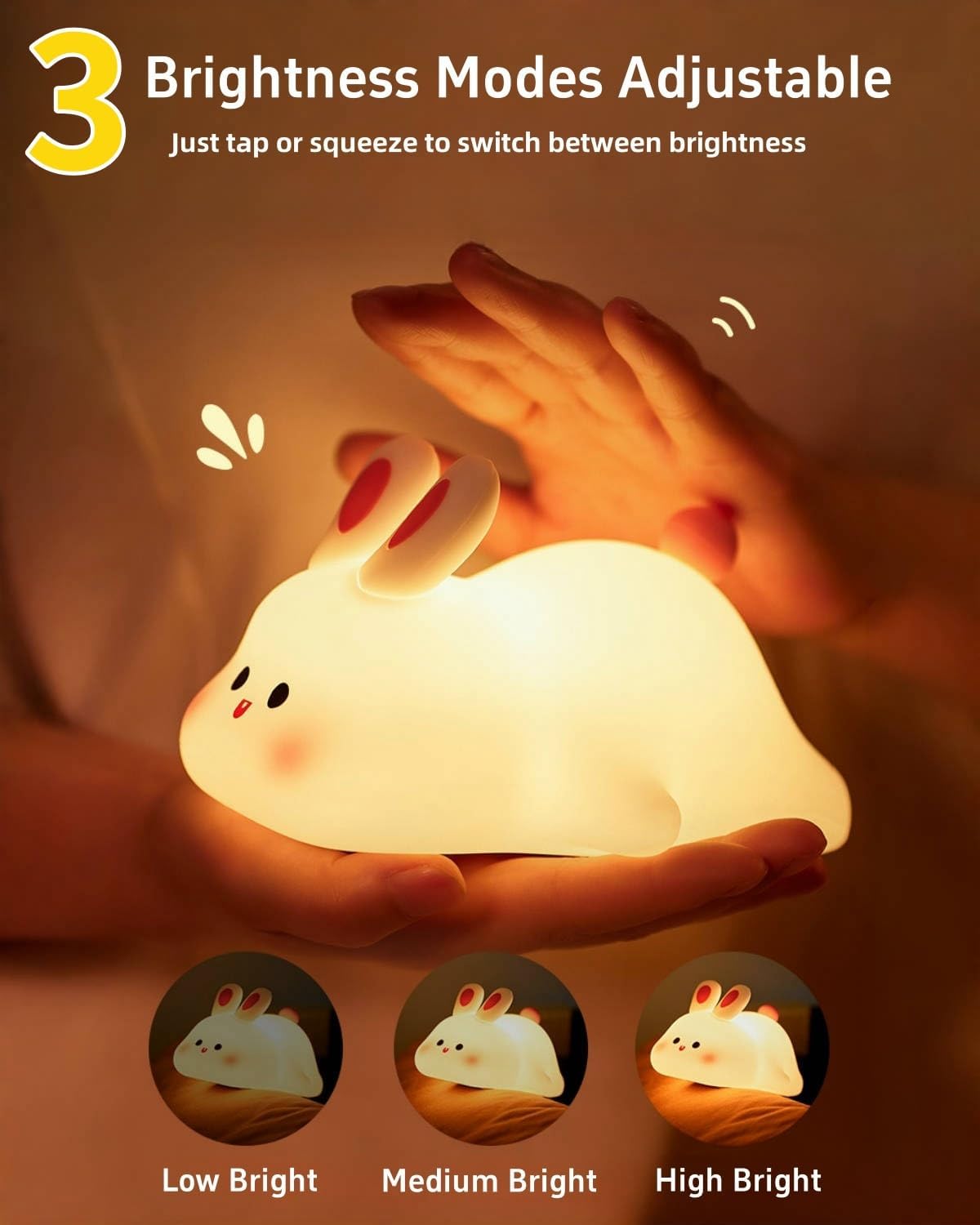 Big Face Rabbit Night Light for Kids, Squishy Silicone Bunny Lamp with Touch Control, 3 Brightness Levels, 30-Min Auto-Off Timer, Rechargeable Bedside Nursery Lamp