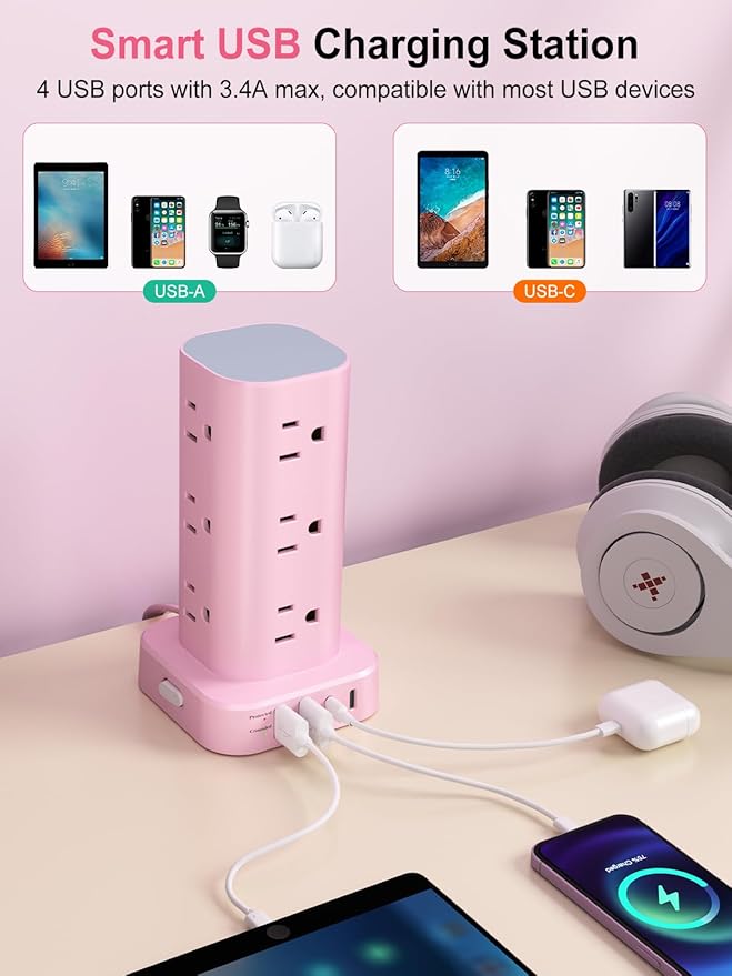 Power Strip Tower with Multiple Outlets, Flat Plug Surge Protector Tower - Image 4
