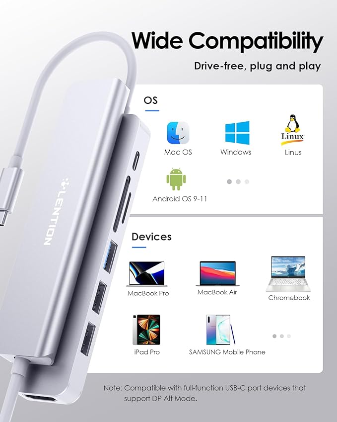 LENTION USB C Hub with 100W Charging, 4K HDMI, Dual Card Reader, USB 3.0 & 2.0 - Image 7
