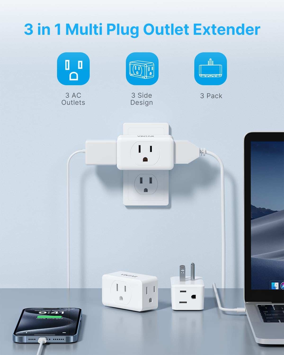 VINTAR Multi Plug Wall Outlet Extender 2 Pack, 3 Way Plug Adapter, White | Electrical Multiple Outlet Splitter, Small Wall Expander, For Home Office Dorm Cruise Ship Travel Essentials, ETL Listed