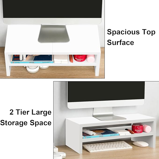 TEAMIX 2 Tier White Monitor Riser Stand, Wood Desktop Stand - Image 3