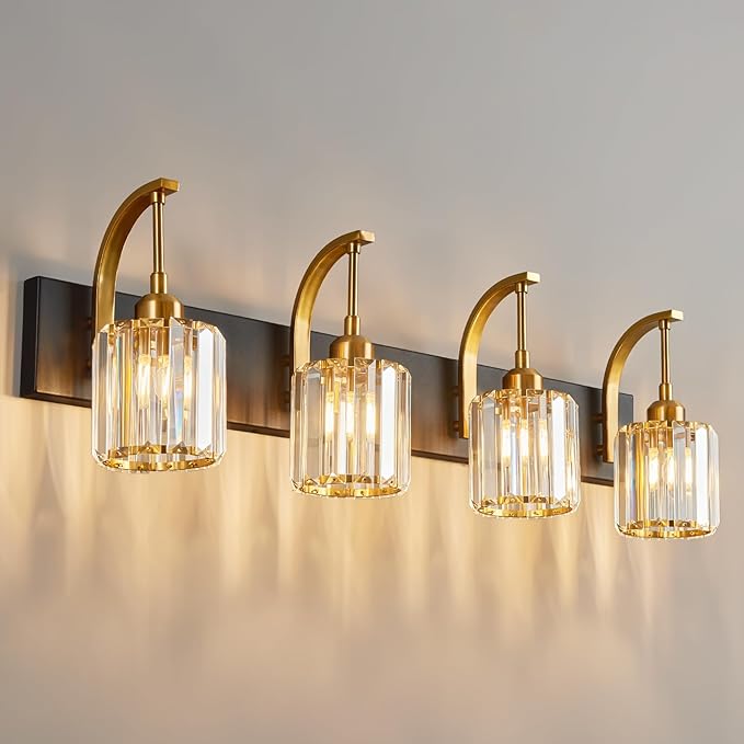 FDPBY 4-Light Crystal Vanity Light, Modern Black Gold Bathroom Wall Sconce by FDPBY