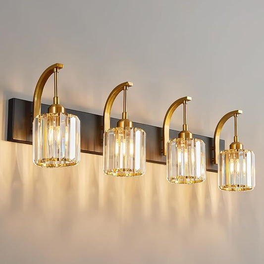 FDPBY 4-Light Crystal Vanity Light, Modern Black Gold Bathroom Wall Sconce by FDPBY