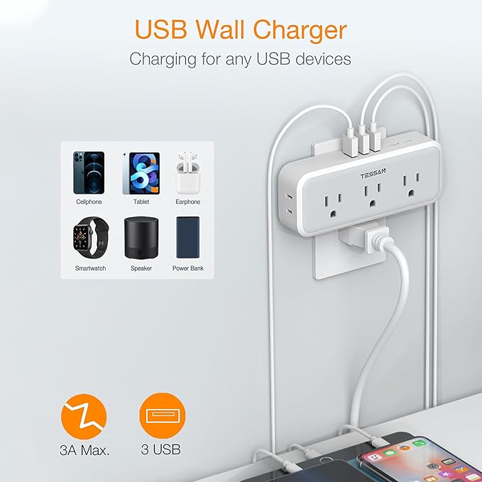 Multi Plug Outlet Splitter, TESSAN Wall Surge Protector 5 Outlet Extender 3 USB - Image 3