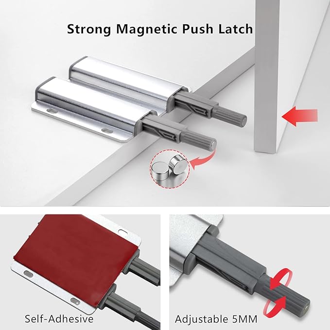 Double Push to Open Door Latch, 2 Pack Magnetic Push Latches, Adhesive Heavy - Image 2