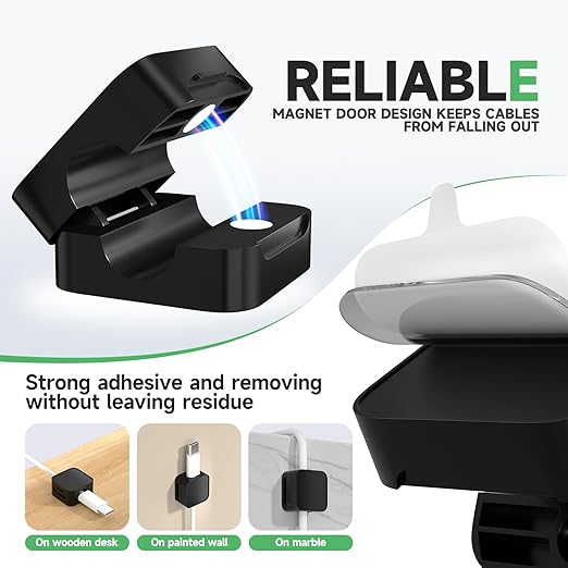9 Black Magnetic Cable Clips, Under Desk Cable Management, Cord Holder - Image 5