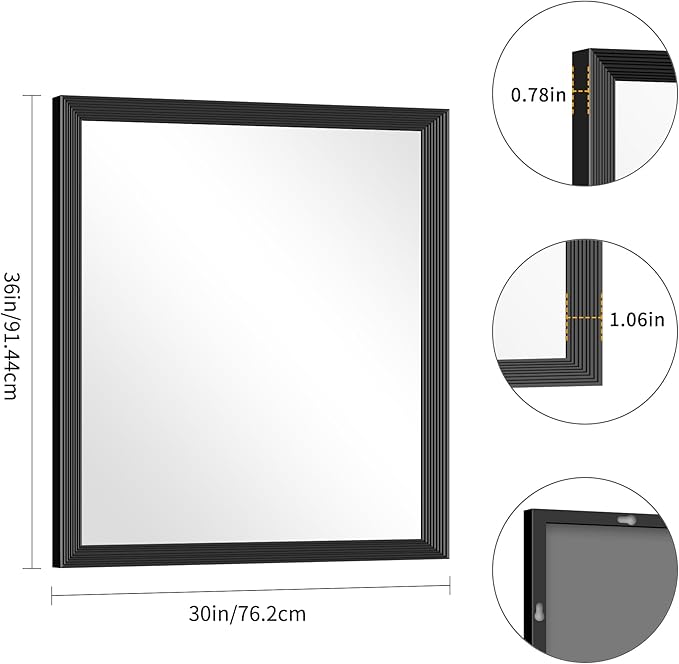 Black Bathroom Mirror 30 x 36 Inch Rectangle Wave Beveled - Image 5