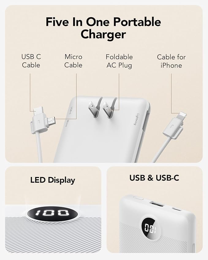 VRURC Portable Charger with Cables and Wall Plug | Power Bank with Cords | - Image 2