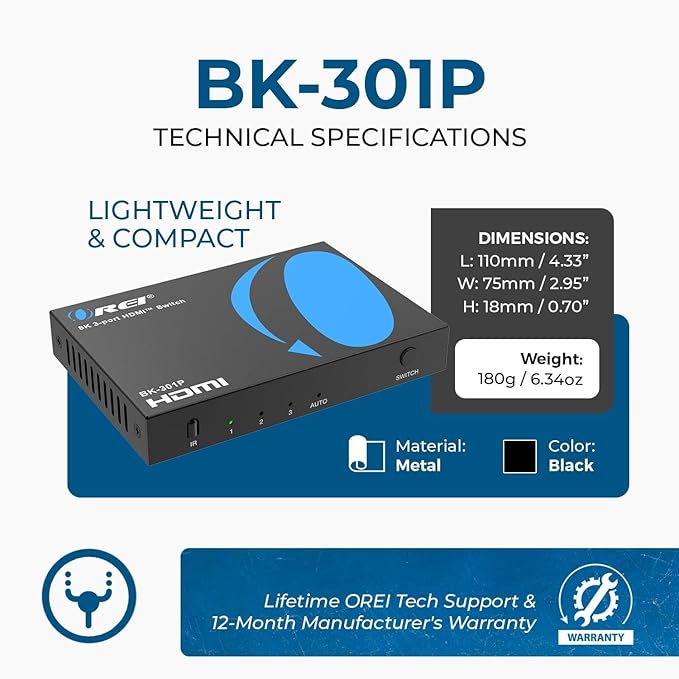 OREI HDMI Switch with Remote – 4K@120Hz 4:4:4 or 8K@60 4:2:0 HDMI Switcher – - Image 5