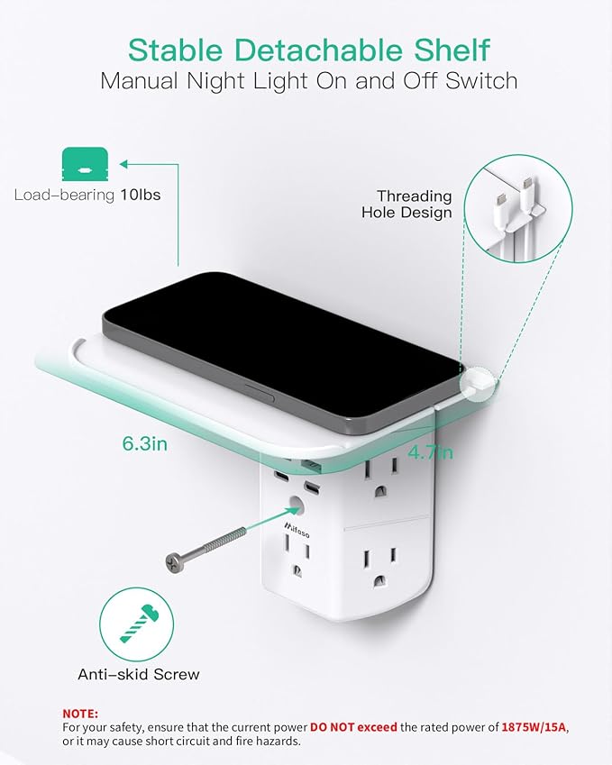 Wall Outlet Extender with Shelf and Night Light, Surge Protector, USB Wall - Image 5