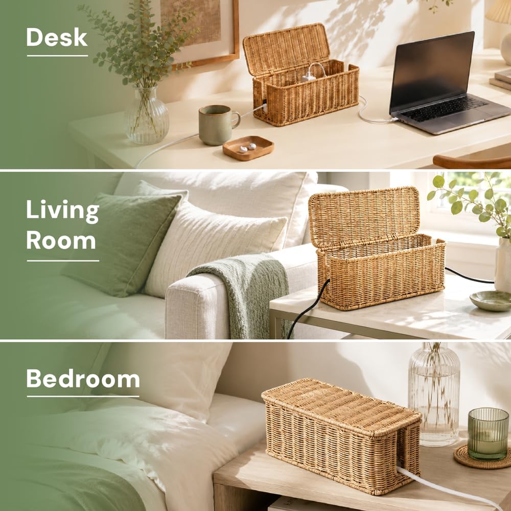 Cable Management Box, Handmade Rattan Cable Organizer with 2 Open Slots, Cord Hider for Power Strip, Router & USB Hub, Registered U.S. Design Patent (D1,112,102), 13" x 5.1" x 5.1", Natural