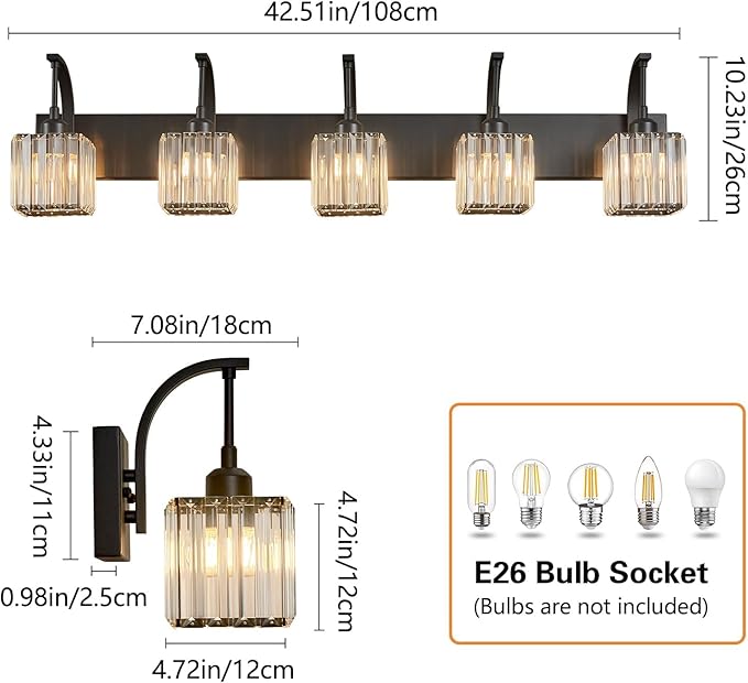 FDPBY 5-Light Crystal Vanity Light, Modern Black Bathroom Wall Sconce - Image 4