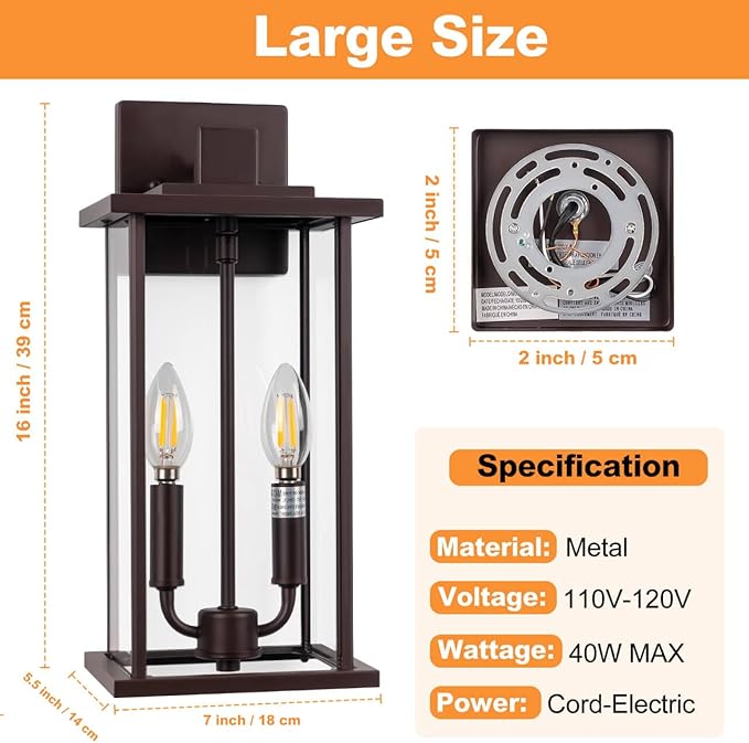 SIAFAVOI 2-Pack 16" Large Outdoor Wall Light Fixtures, 2-Light Exterior Front - Image 2