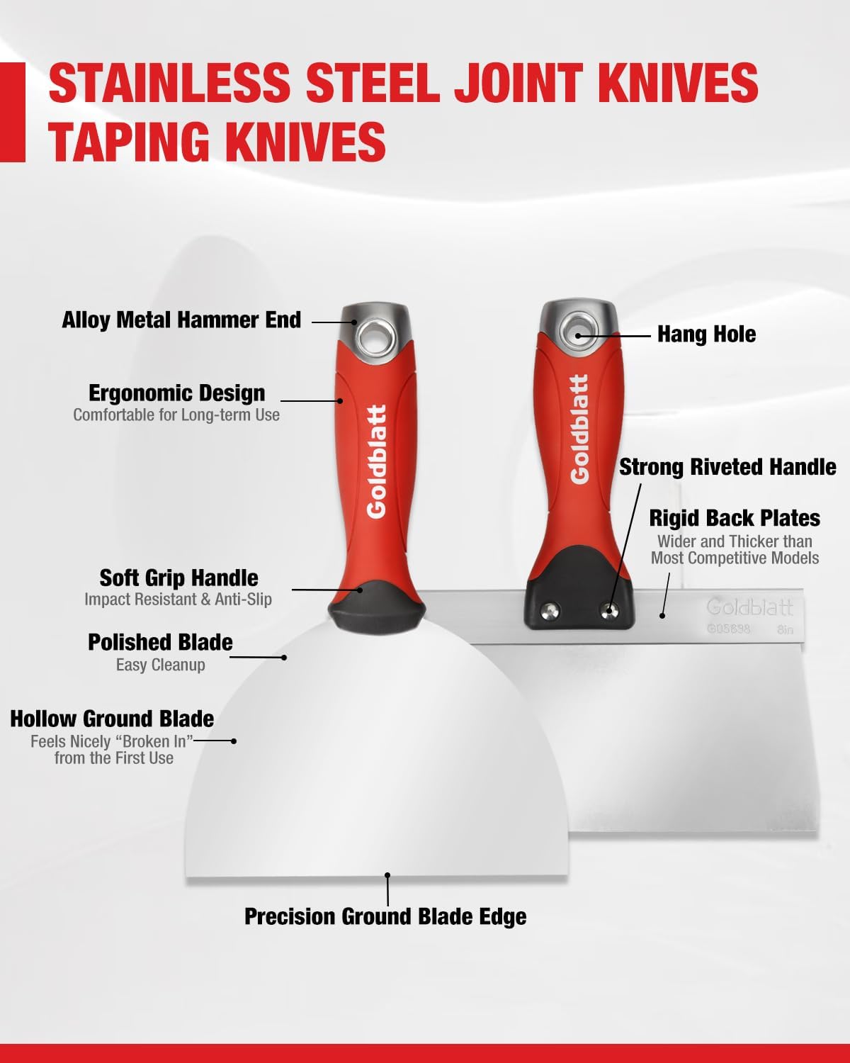 Goldblatt Drywall Hand Tool Kit | 14 in 1, 6 Pieces Stainless Steel Joint Knife, Taping Knives, Paniter Scraper, Mud Pan