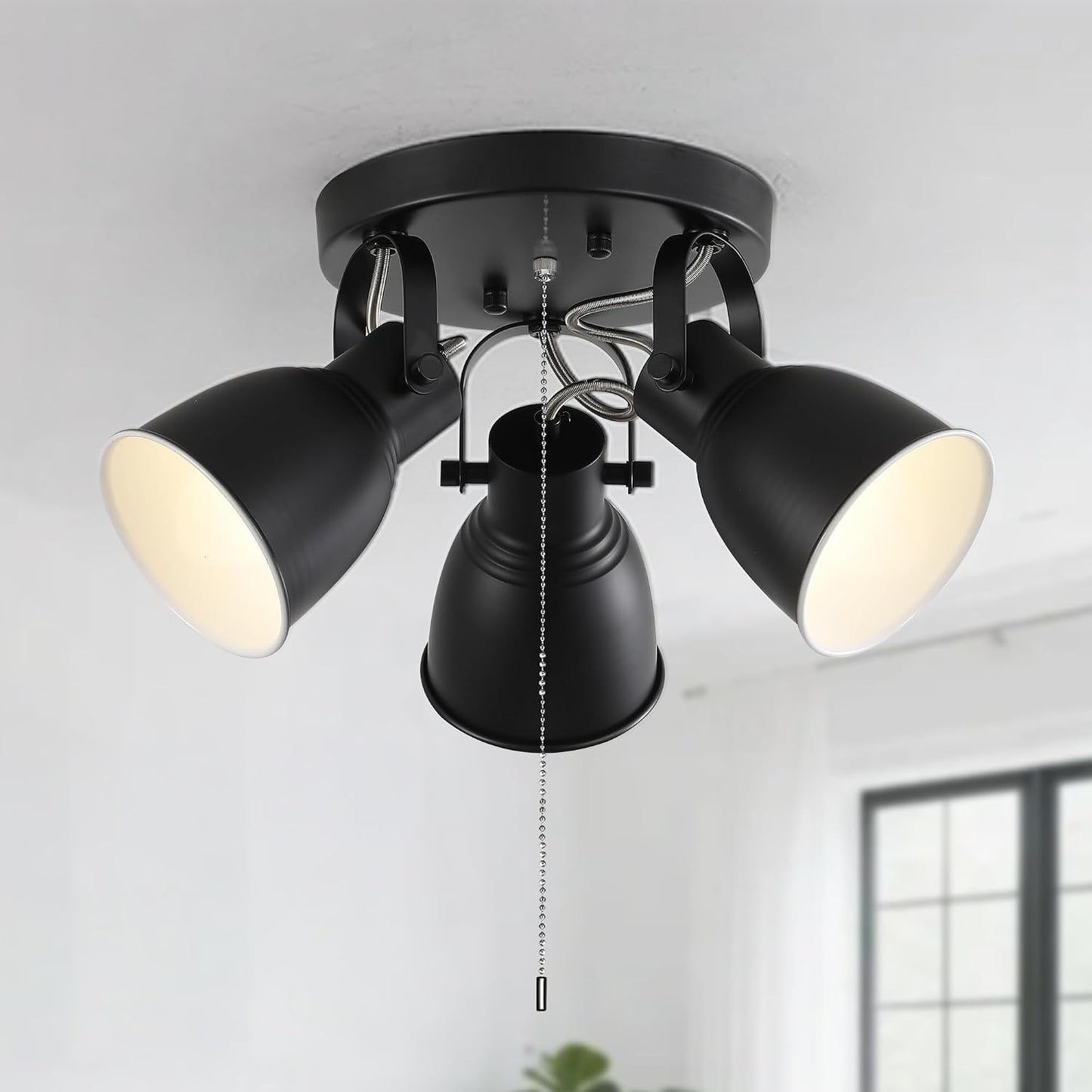 3-Light Track Ceiling Light with Pull Chain Switch, Matte Black Multi Directional Flush Mount Ceiling Spot Light, E26 Base Industrial Ceiling Light Fixture for Kitchen Hallway Entryway Bedroom Closet