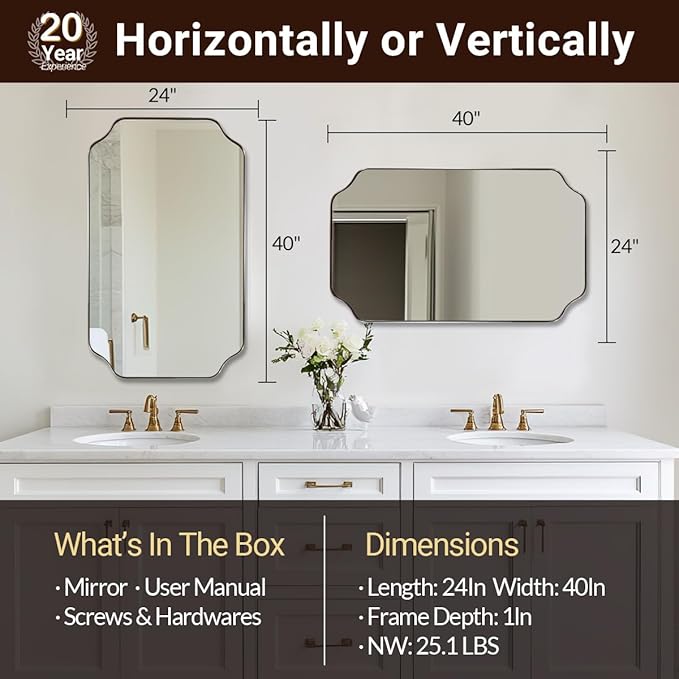 ANDY STAR 24x40 Inch Rectangle Bathroom Mirror, Brushed Nickel Scalloped - Image 2