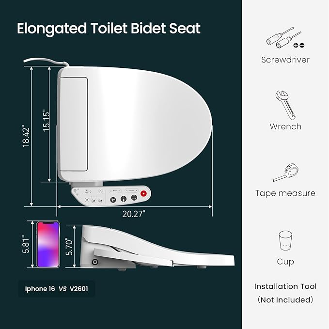 R&T V2601 Electric Bidet Seat For Elongated Toilet, Smart Toilet Seat - Image 9