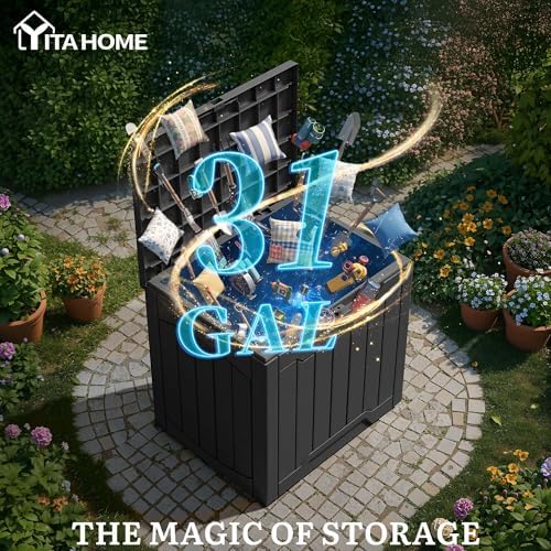 yitahome 31 gallon resin deck box outdoor storage, side view