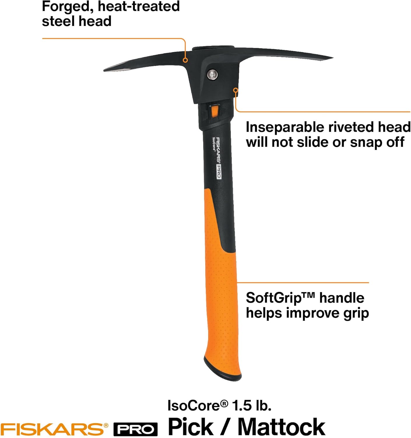 Fiskars Pro IsoCore 14" 2-in-1 Pickaxe & Hoe, Shock Reduction, 1.5 lb