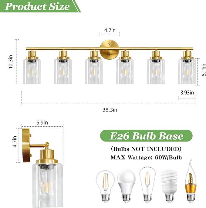 Guliaofo 6-Light E26 Gold Bathroom Vanity Lights, Modern Bathroom Light Fixtures - Image 2