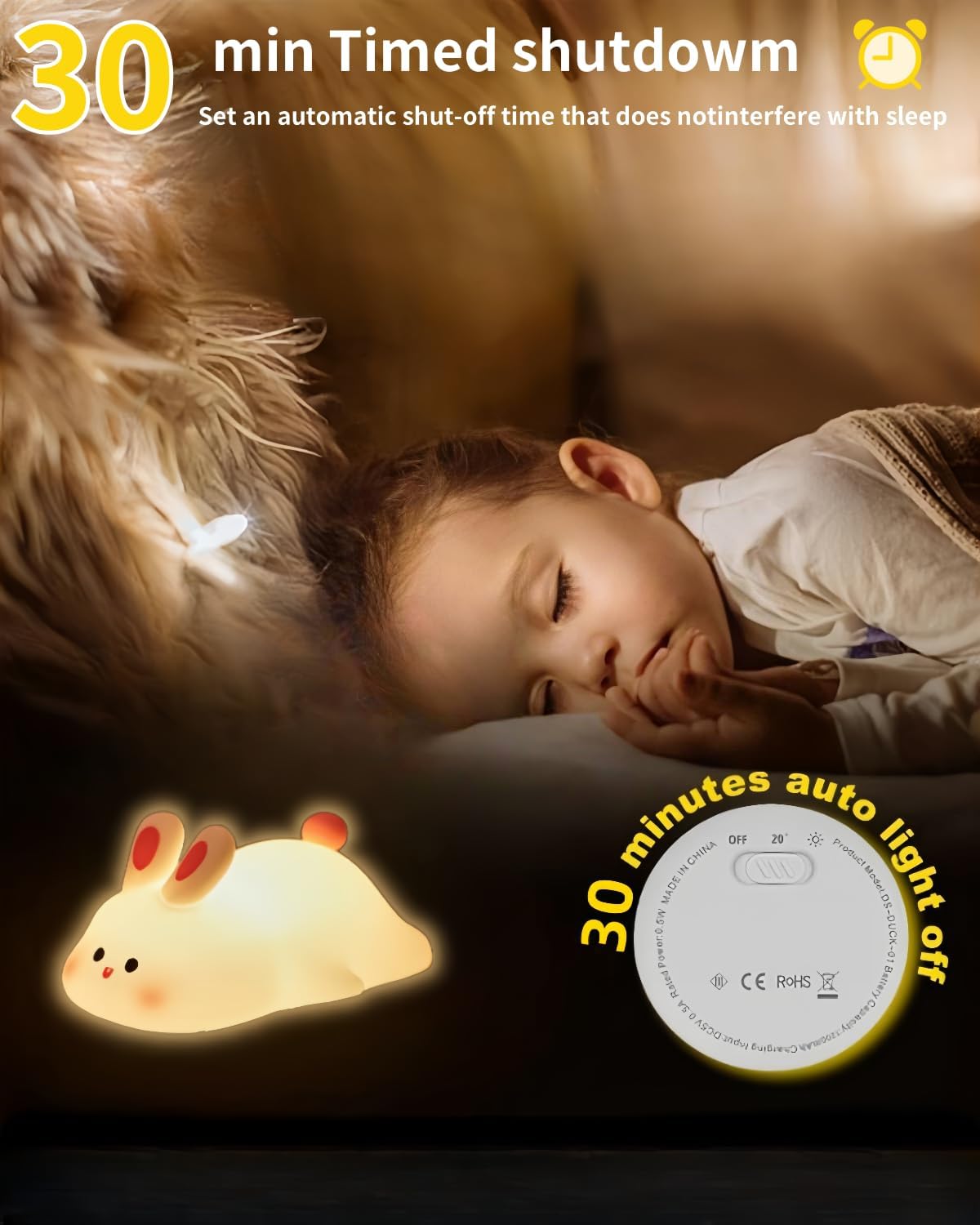 Big Face Rabbit Night Light for Kids, Squishy Silicone Bunny Lamp with Touch Control, 3 Brightness Levels, 30-Min Auto-Off Timer, Rechargeable Bedside Nursery Lamp