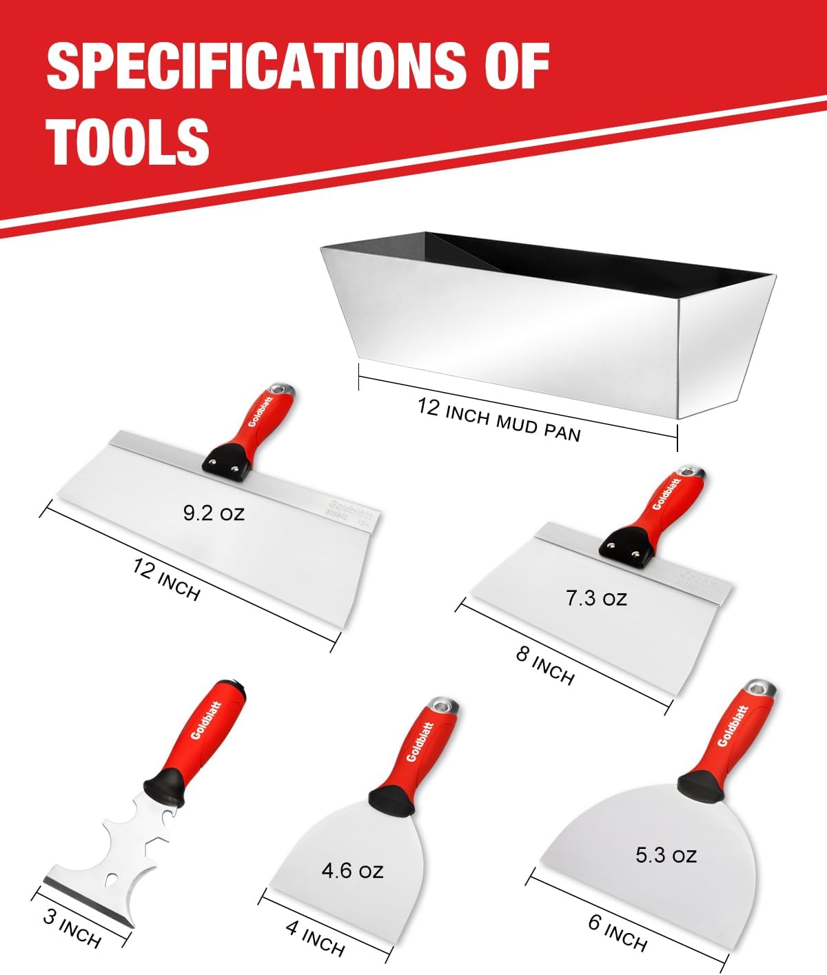 Goldblatt Drywall Hand Tool Kit | 14 in 1, 6 Pieces Stainless Steel Joint Knife, Taping Knives, Paniter Scraper, Mud Pan