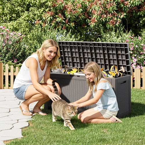 outdoor storage box waterproof, 75 gallon deck box on a desk or shelf