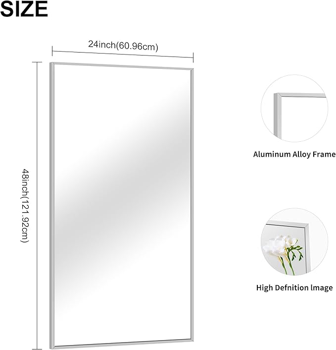 48x24In Silver Bathroom Mirror for Wall, Brushed Nickel Rectangle Mirrors - Image 6