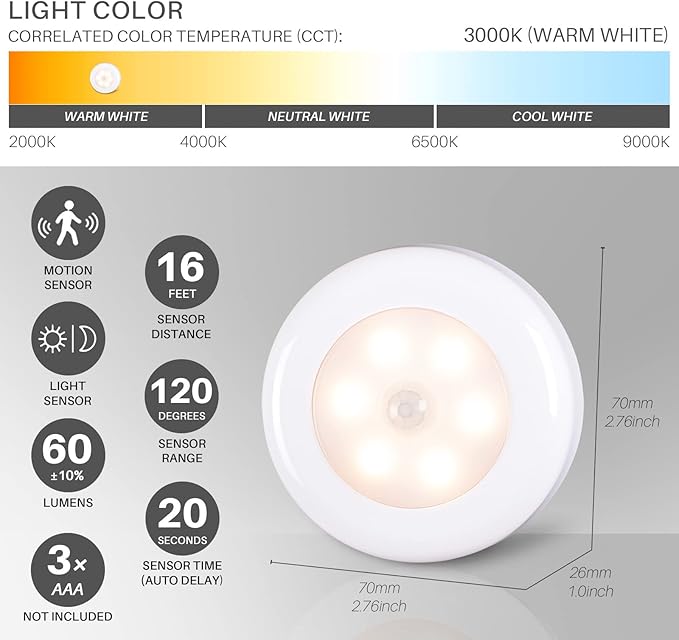 STAR-SPANGLED 3 Pack 2.8” Motion Sensor Lights Indoor AAA Battery Operated - Image 4