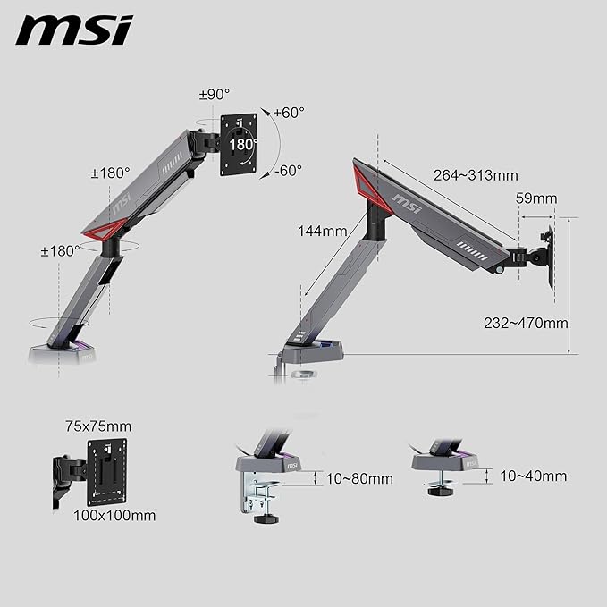 MSI MPG MT161R - Premium RGB Single Monitor Stand Arm, Supports 17-45" Screens - Image 2