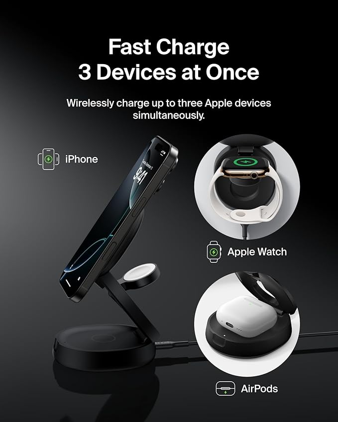 Belkin MagSafe Charger Compatible, 3-in-1 Qi2 15W Wireless Charging Station - Image 2