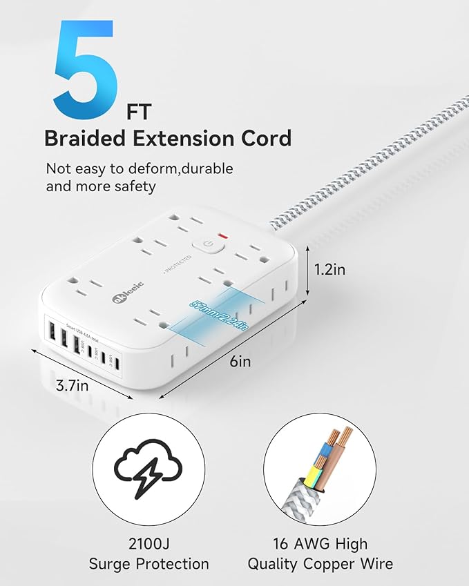 Power Strip with USB, 2100J Surge Protector Flat Plug Extension Cord 5ft - Image 2