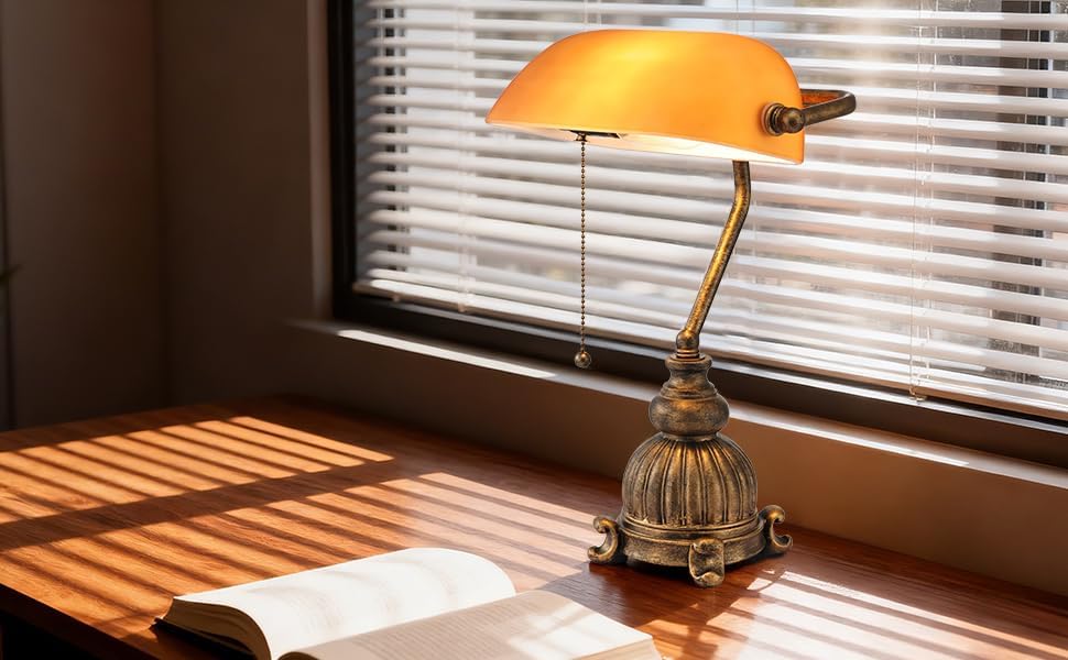 Retro Amber Glass Bankers Desk Lamp,LED Bulb Included | Pull Chain Switch for Home Office Library Plug in Fixture