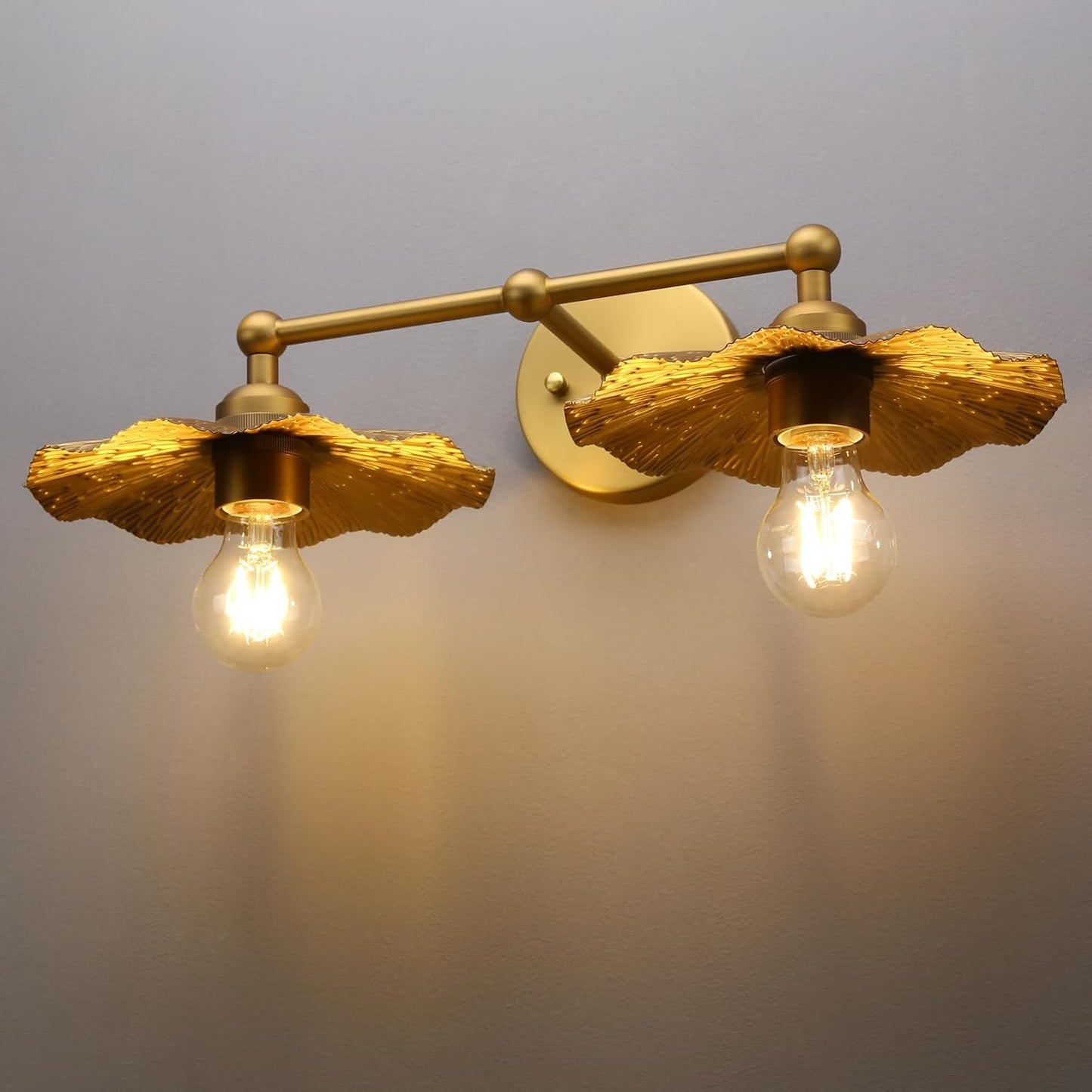 2-Lights Industrial Metal Wall Sconces, Antique Brass Flower Rippled Shade Wall Light Fixture for Bathroom Vanity, Bedroom, Dining Room, Living Room, Farmhouse, Stairs, Hallway