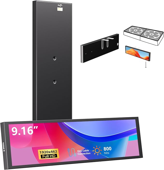 9.16" Computer Temp Monitor, FHD 1920x462 PC Sensor Panel One-Cable Connection by AISHICHEN