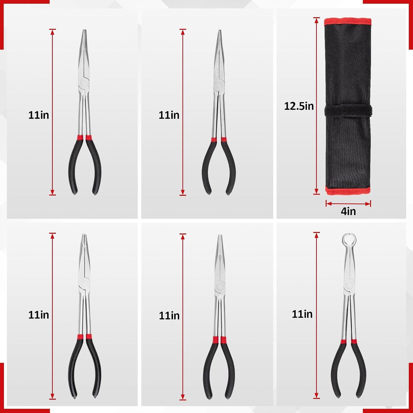 5Pcs Bent Nose Pliers 11 Inch Extra Long Needle Nose Pliers Set | Straight, 25°/45°/90° Bent, Circle Nose for Narrow Spaces, Hard to Reach Areas & Precision Work