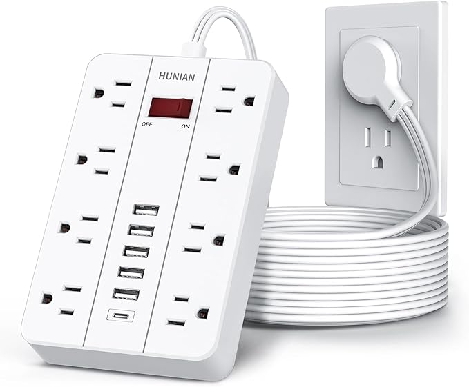 10 Ft Long Extension Cord, Power Strip Surge Protector HUNIAN Flat Plug by HUNIAN
