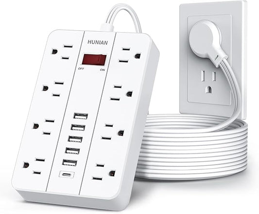 10 Ft Long Extension Cord, Power Strip Surge Protector HUNIAN Flat Plug by HUNIAN